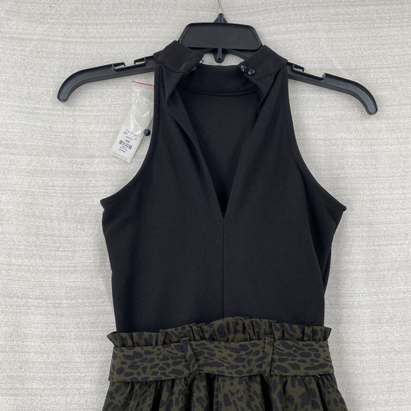 NWT Mi Ami Jumpsuit XXS Wide Leg‎ Black Army Green Cheetah High Neck Paper Bag - Picture 7 of 16